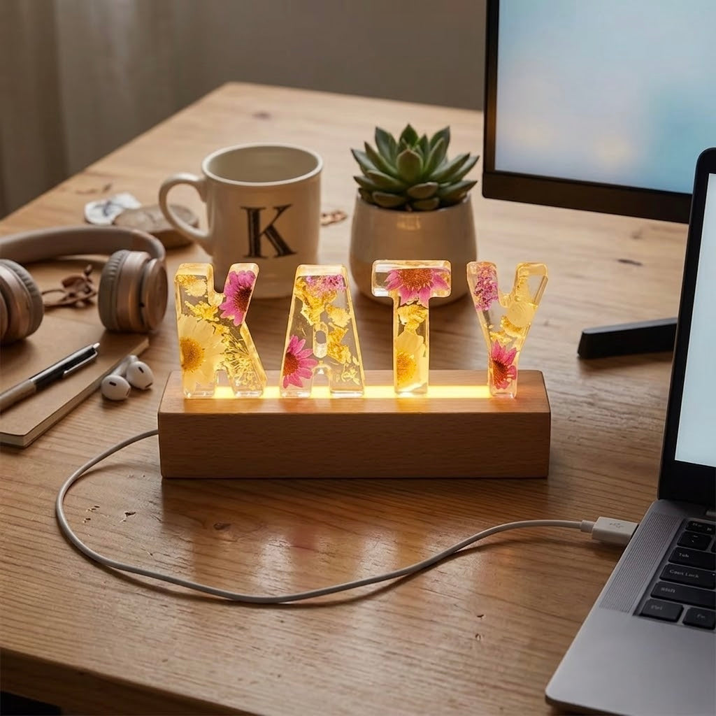 Custom Name Light with Real Flowers – Personalized LED Gift